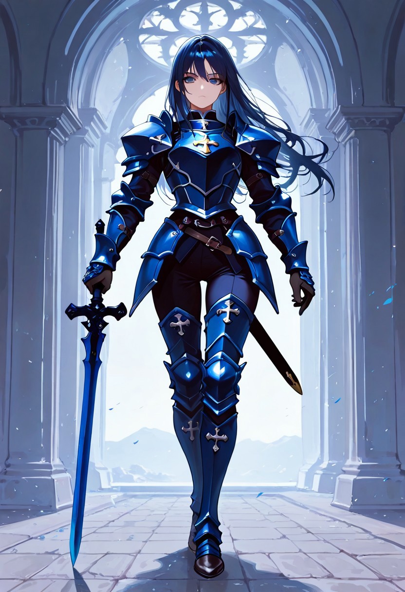 masterpiece, best quality, very aesthetic, absurdres, safe, blue eyes, armor, blue armor, gloves, 1girl, long hair, dark blue hair, sword in hand, blue blade of the sword, cross guard, black handle, full body,