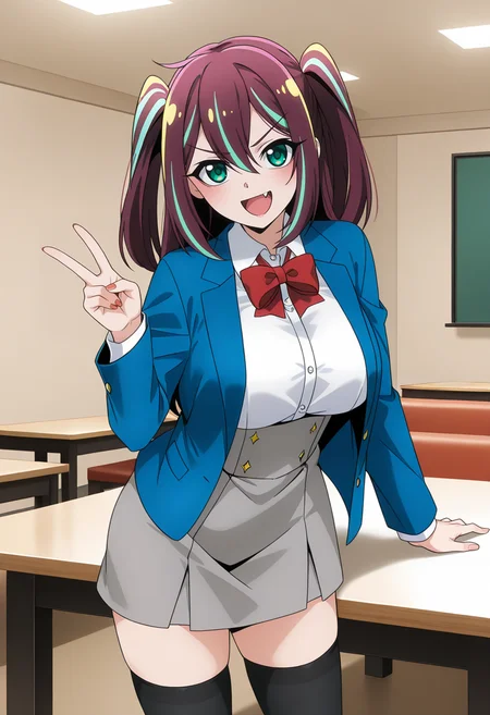 <lora:akoya matama_illustrious-000026:1>,
akoya matama,fang,multicolored hair,streaked hair,high-waist skirt,grey skirt,red bow,white shirt,open jacket,blue jacket,bowtie,black thighhighs,
smile,long sleeves,open mouth,red bowtie,long hair,two side up,looking at viewer,open clothes,v-shaped eyebrows,:d,zettai ryouiki,table,standing,collared shirt,indoors,cowboy shot
