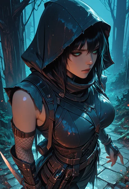 (masterpiece), (best quality), (ultra-detailed), 1girl, unique face, female ninja assassin, emerging from deep shadows, dramatic lighting, dark fabric and layered leather armor, hooded cloak, traditional ninja gear, sleeveless, fishnets under clothing, large breasts, slashed clothing, beautiful girl, detailed face, throwing knife in hand, waist-up view, tense and silent movement, low pose, cinematic lighting from above, rain-slick stone walls, misty air, subtle fog, textured cloth, leather straps, poised and controlled demeanor, ancient forest temple, night, at night, semi-realistic style, moody atmosphere, dramatic foreshortening,