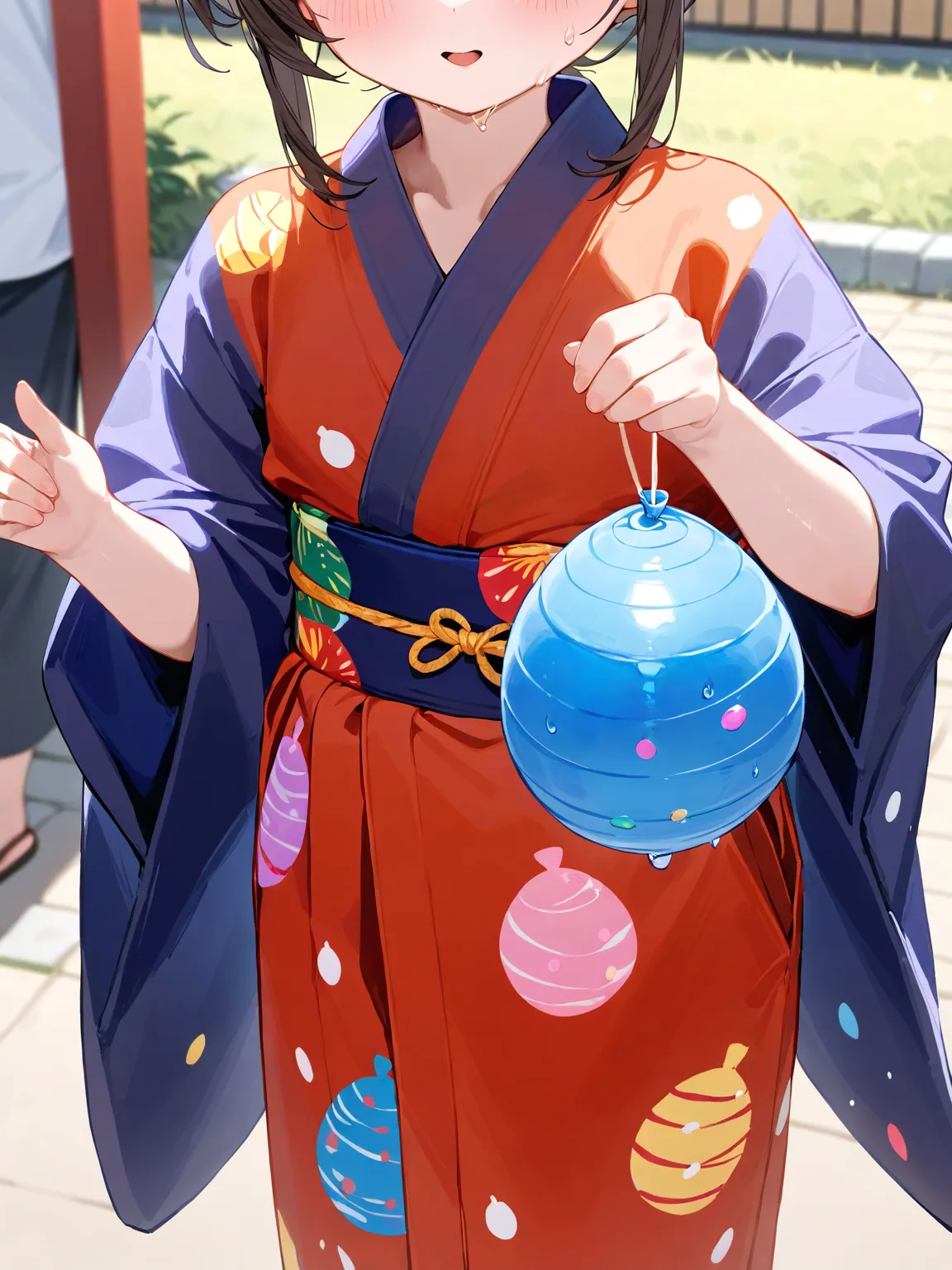 1girl, child, (yukata, water ballon printed, coloful), sash, standing, (holding, water ballon, yoyo, colorful), upper body,
(head out of frame),(swewt:1.5),
in outdoor, festival,
masterpiece, best quality, very aesthetic, absurdres, latest
<lora:water-balloon-xl-v3-animagine:0.8> 
 <lora:LECO-waterballoon-water-v1-animagine_last:-1>
 <lora:Fixhands_anime_bdsqlsz_V1:0.8>