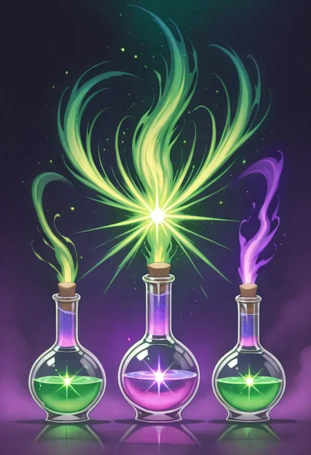 Score_9, Score_8_up, Score_7_up, Score_6_up, Score_5_up, Score_4_up, high_def, highest quality, 4k, best quality, masterpiece, no humans, object focus, focused, defined, (Photorealistic magic potion:1.3), intricate glass bottle, elixir, purple colors, green colors, black gues , bubbling, ethereal light, flashy lights, magic lights, luminous, dynamic reflections, magical aura, highly detailed, fantasy essence, glowing particles, radiant aura, A3THER, no humans