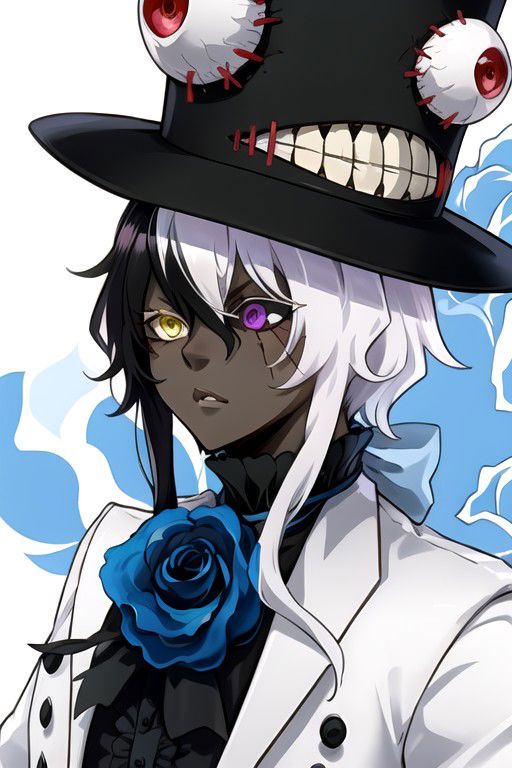 shiromi, hat, dark skin, yellow eyes, heterochromia, white hair, flower, long hair, blue flower, multicolored hair, black hair, top hat, blue rose, rose, 1boy, black headwear, dark-skinned male, formal, purple eyes, black sclera, cracked face, colored sclera