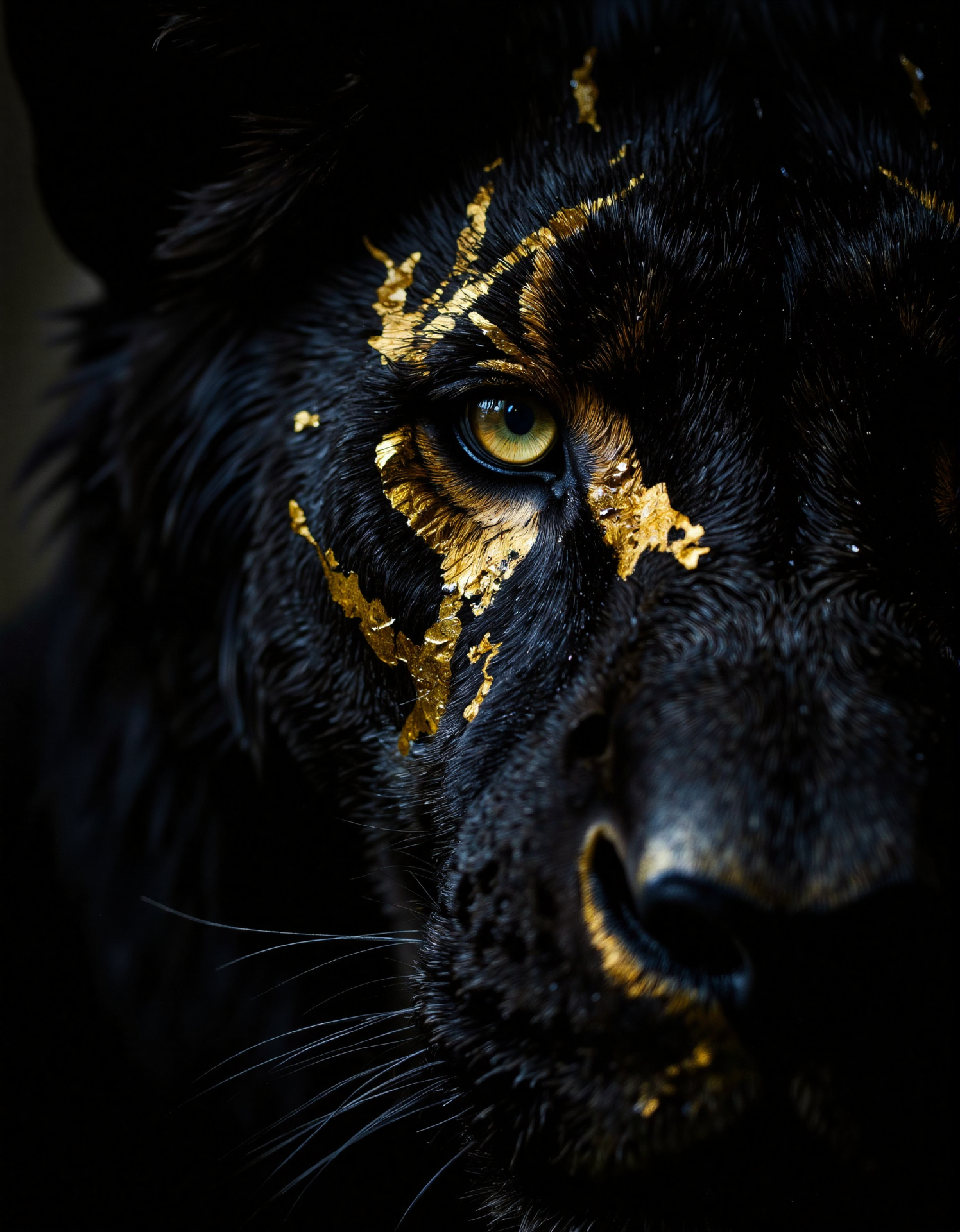 The extreme macro photo captures a fearsome black lion's left eye, bathed in a dark and inky contrast. Its piercing pure gold eyes and sharp teeth are visible in the background. The lion's dark fur, matted and messy around the eye due to the spray paint, contrasts dramatically with the metallic gold markings that adorn its face, particularly around and over the eye, resembling scales or armor. The spray paint gives the markings a wet, messy appearance. The photo is highly detailed and intricate.
