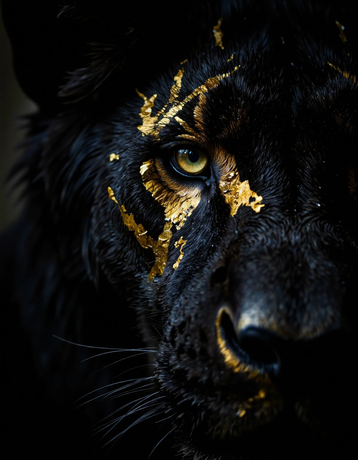 The extreme macro photo captures a fearsome black lion's left eye, bathed in a dark and inky contrast. Its piercing pure gold eyes and sharp teeth are visible in the background. The lion's dark fur, matted and messy around the eye due to the spray paint, contrasts dramatically with the metallic gold markings that adorn its face, particularly around and over the eye, resembling scales or armor. The spray paint gives the markings a wet, messy appearance. The photo is highly detailed and intricate.