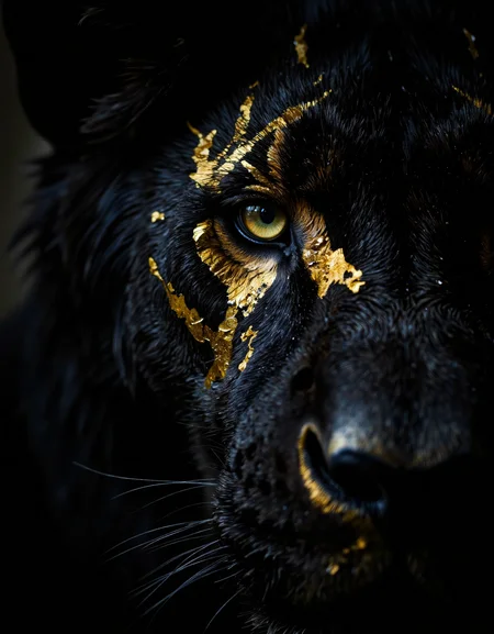 The extreme macro photo captures a fearsome black lion's left eye, bathed in a dark and inky contrast. Its piercing pure gold eyes and sharp teeth are visible in the background. The lion's dark fur, matted and messy around the eye due to the spray paint, contrasts dramatically with the metallic gold markings that adorn its face, particularly around and over the eye, resembling scales or armor. The spray paint gives the markings a wet, messy appearance. The photo is highly detailed and intricate.