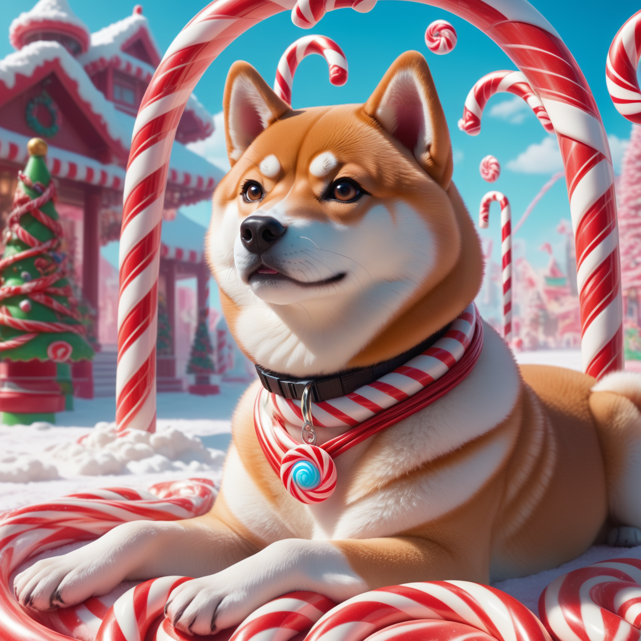Jed-Cndcne, Concept art, attractive (Shiba Inu:1.1) , soft light, Realistic portraits, equine subjects, futuristic designs, women in distress, centered composition, lovely, masterpiece, UHD, sharp and in focus,<lora:CandyCaneStyle-000005:1>, professional creative, fantastic aesthetic, epic composition, beautiful detailed supreme quality color intricate, magic atmosphere, perfect symmetry