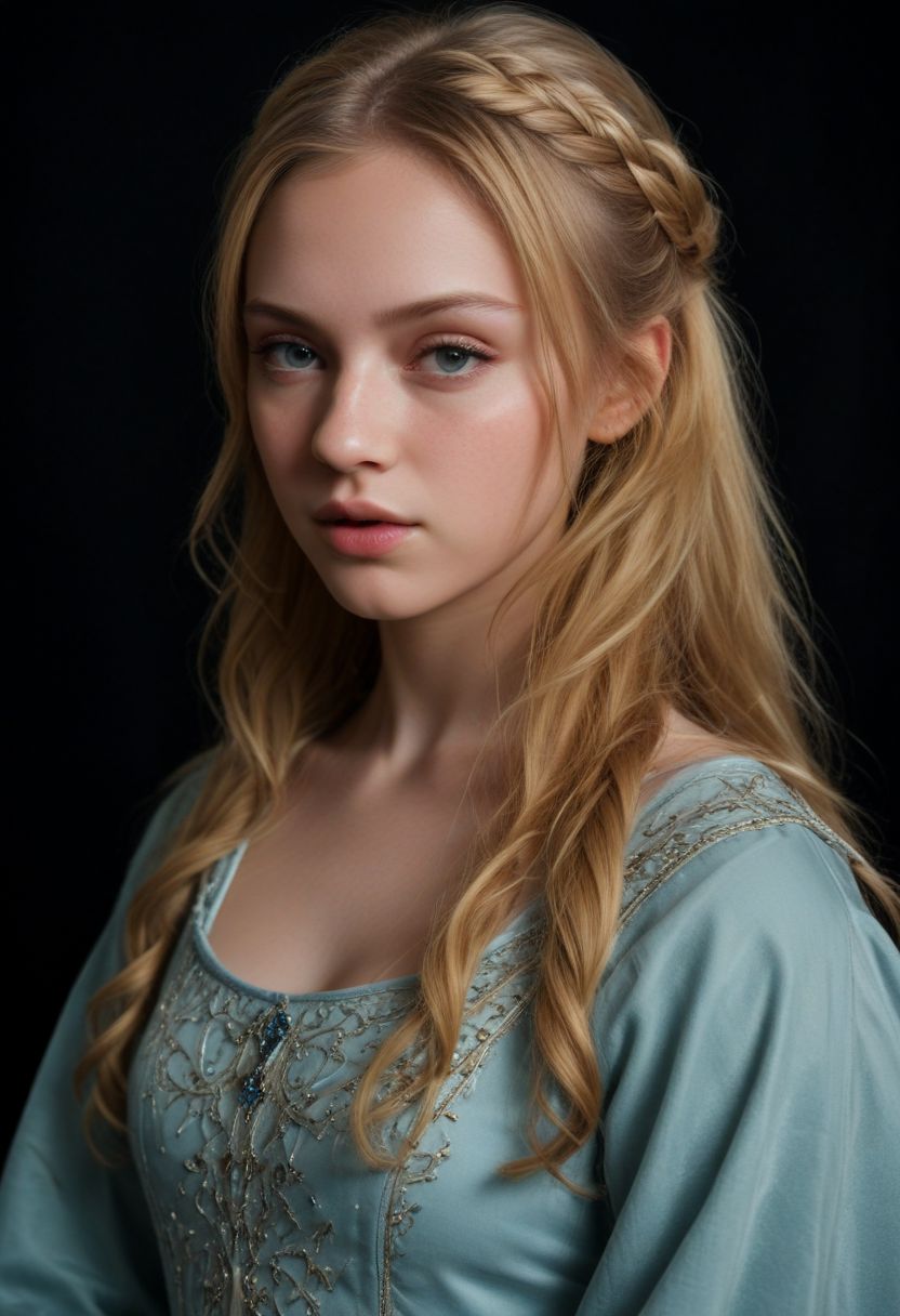 Photorealistic oil painting of (beautiful:1.1) northern ((medieval)) princess, beautiful, 18-year-old, dignified (princess:1.3), flowing braided (golden-blonde hair:1.2), (perfect photorealistic light-blue eyes:1.3), (medieval clothing:1.3), (simple nordic circlet:1.3), dark fantasy, (medieval) fantasy, [nordic] fantasy, epic fantasy, (upper body:1.2) (medium shot:1.1) taken with (fujifilm xt3:1.1), stunning landscape, movie scene, film grain, dark style, dark lighting, dramatic hard shadows, (((dramatic lighting:1.3))), explosive, material contrast, hyper detailed, photo realistic, cinematic composition, intricate details, masterpiece, visually stunning, evocative, best quality
