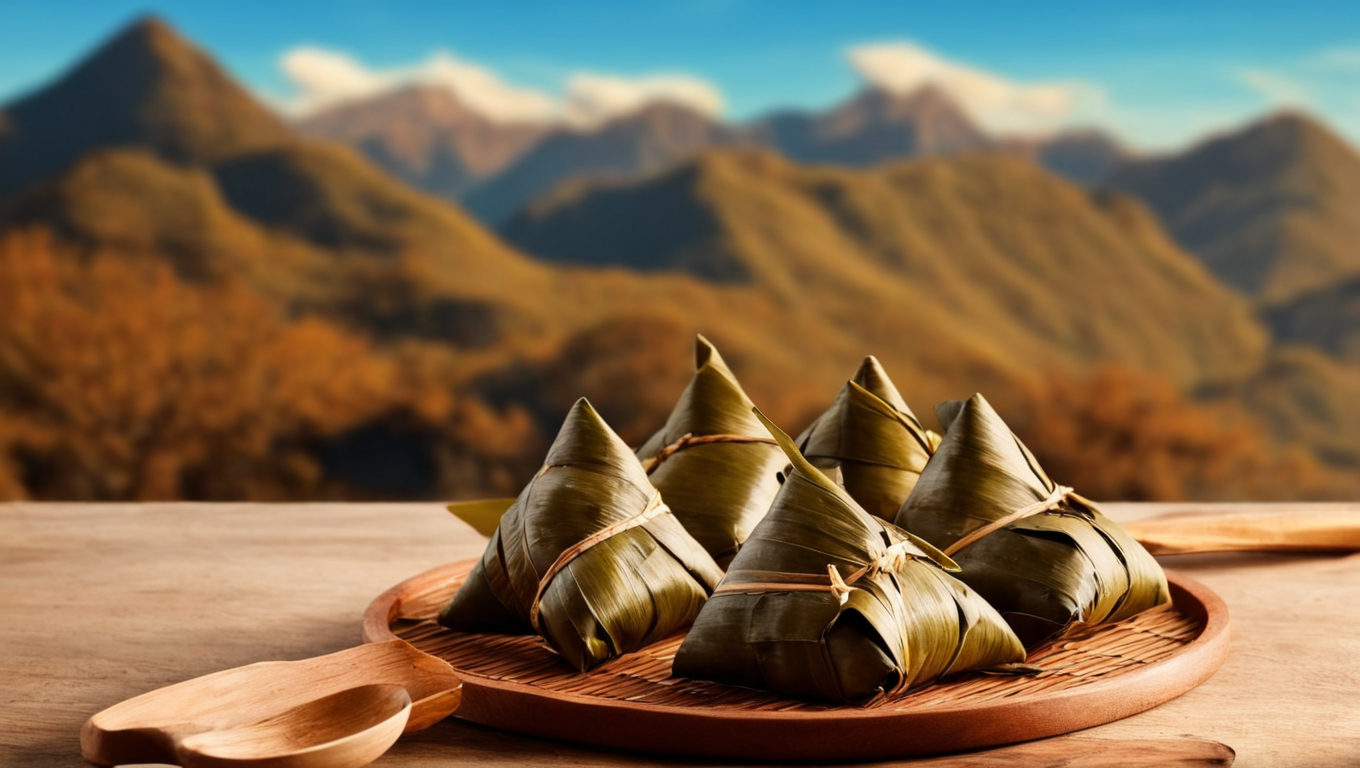 zongzi, wooden table, blue sky, mountains faraway <lora:sdxl_zongzi_lora_duanwu_0_300:0.8>, beautiful, hd, 8k, (photographic:1.5), magnificent, grandiose, mac os wallpaper