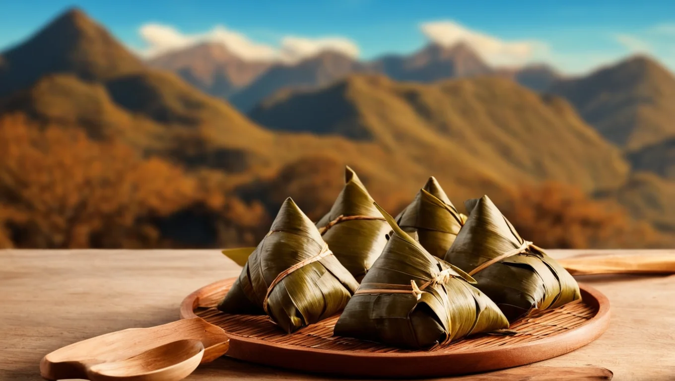 zongzi, wooden table, blue sky, mountains faraway <lora:sdxl_zongzi_lora_duanwu_0_300:0.8>, beautiful, hd, 8k, (photographic:1.5), magnificent, grandiose, mac os wallpaper