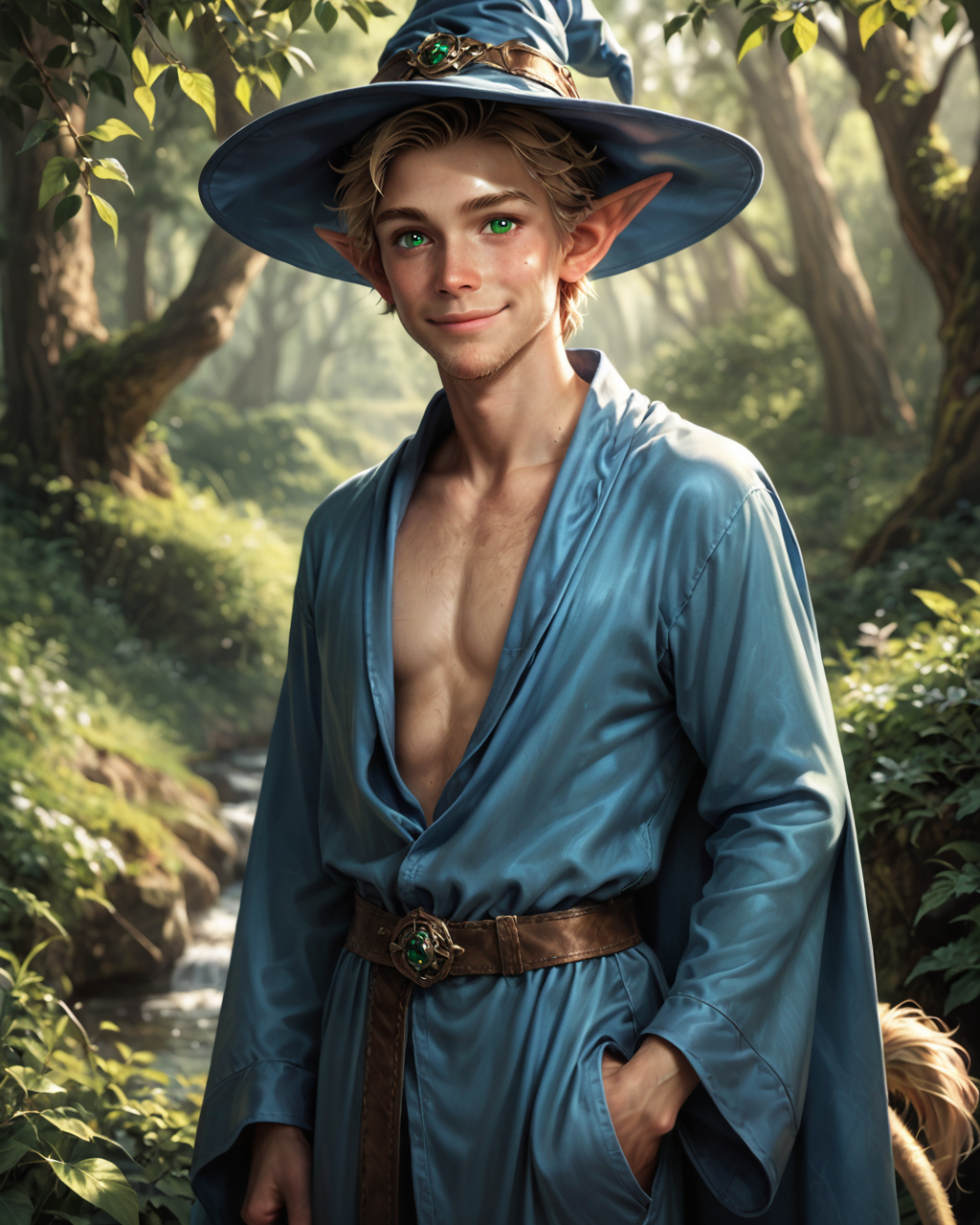 score_9, score_8_up, score_7_up, intricate details, rating_questionable, detailed face,  
<lora:Lurien:0.8>,
1boy(Lurien, looking at the viewer, green eyes, blond tail with blond tail tuft, solo, cowboy shot, 
standing, blue wizard hat, loose blue wizard robe with long sleeves, 
friendly expression, slight smile),
fantasy setting, in a small meadow of a magical forest, sunshine, 
depth of field, detailed background,
<lora:ral-chrosc-clr:0.5>, ral-chrosc-clr,
<lora:Expressive_H:0.5>, expressiveH,
<lora:xl_more_art-full_v1:0.3>,
<lora:add-detail-xl:0.3>