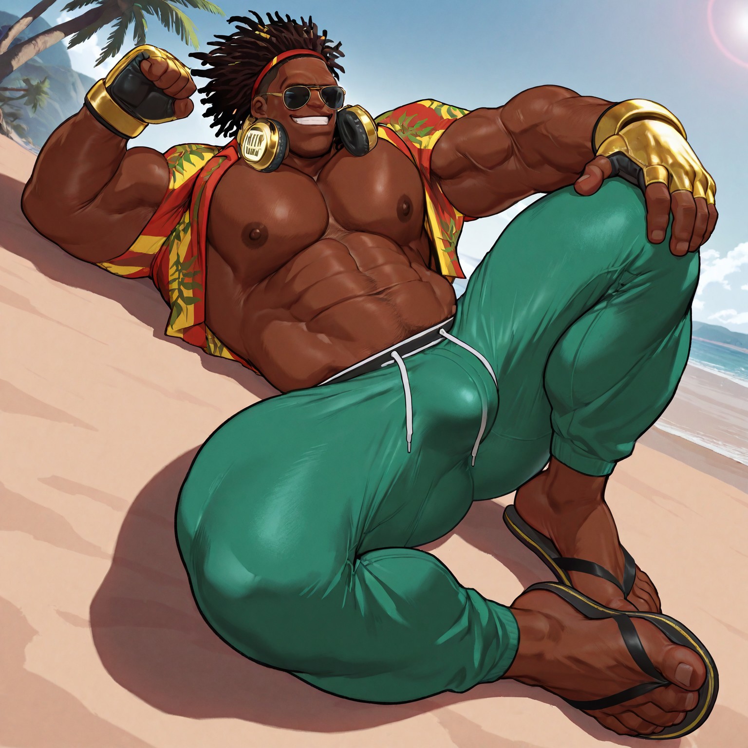 masterpiece, best quality, absurdres, newest, perfect quality, best quality, absolutely eye-catching, detailed background, intricate details, bara, 1boy, male, male focus, solo, mature, brown skin, dark-skinned, dark brown hair, dark brown hair, dreads, dreadlocks, short hair, forehead, red bandana, sunglasses, golden chains, golden headphones, headphones around neck, Hawaiian shirt, black-red-yellow shirt, unbuttoned shirt, short sleeves, black gloves, fingerless gloves, golden gloves, green sweatpants, flip flops, bara, muscular, large pectorals, large biceps, looking away, smirk, beach scenery, laying down, bulge, side view, very awa, best quality, absurdres, newest, perfect quality, detailed background, intricate details, (artist:rokudenashi:0.8), (artist:dizdoodz:0.7), (artist:gomtang:0.6)