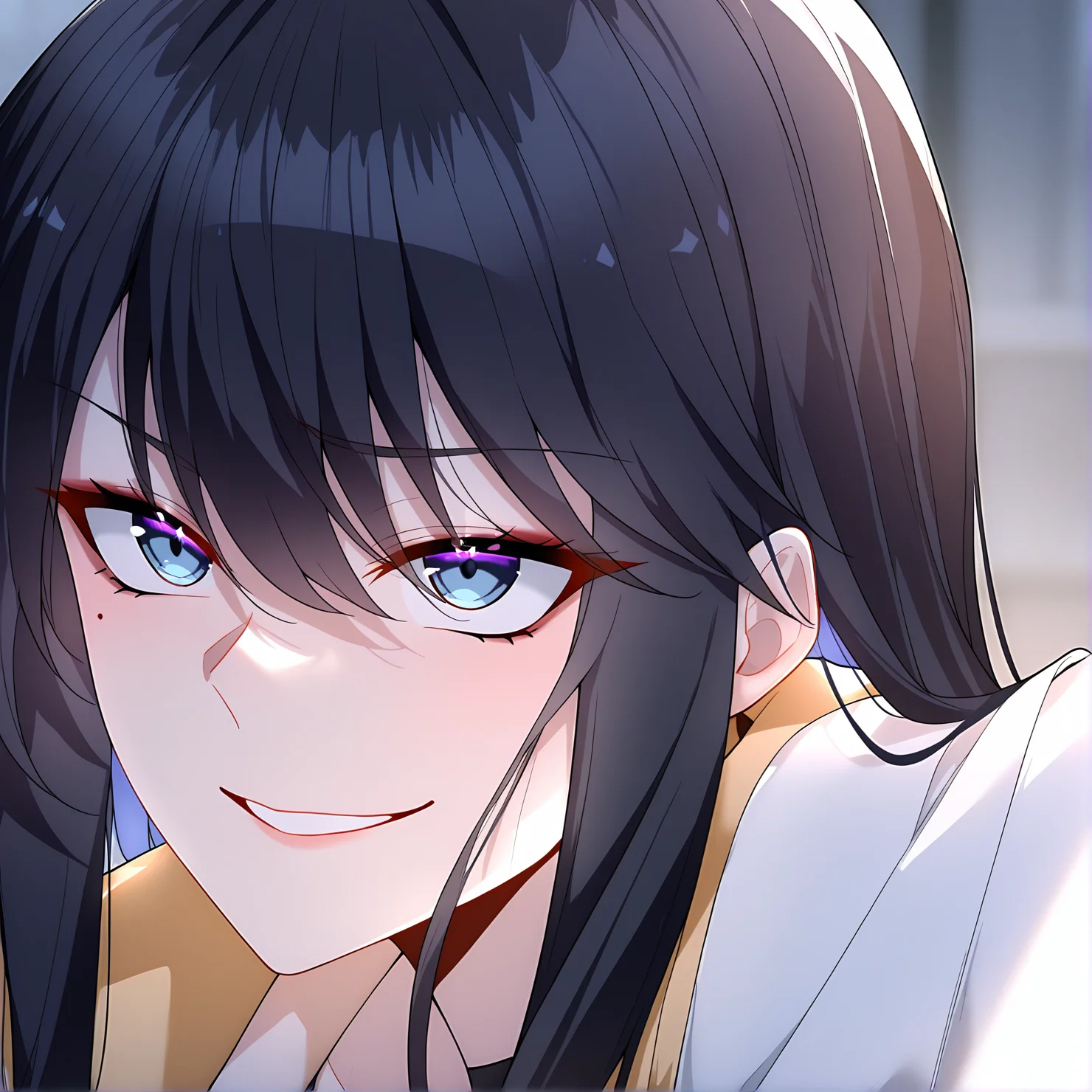 masterpiece,best quality,newest,absurdres,highres,safe,<lora:noobai_ep11_stabilizer_v0.138_fp16:1>,1girl,black hair,wei_nan,<lora:wei6:1>,wei_nan,portrait,detailed eyes,crazy_smile,