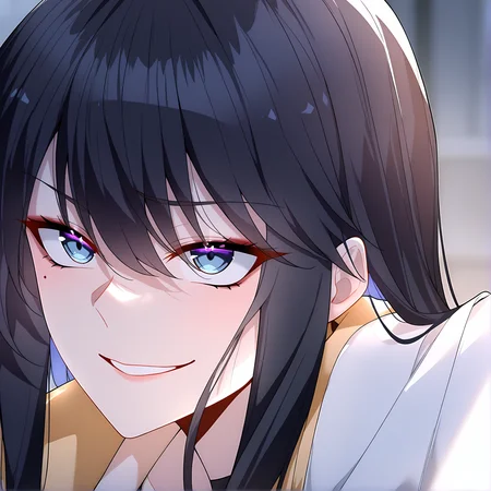 masterpiece,best quality,newest,absurdres,highres,safe,<lora:noobai_ep11_stabilizer_v0.138_fp16:1>,1girl,black hair,wei_nan,<lora:wei6:1>,wei_nan,portrait,detailed eyes,crazy_smile,