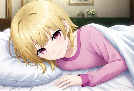 highres,anime screencap, anime coloring,official art,
highly detailed,
1female, c4n6y, blonde hair, pink eyes, in bed, undersheets, smiling, looking at veiwer, pov across bed, very awa, masterpiece,best quality,intricate details, very aesthetic, absurdres, no humans,