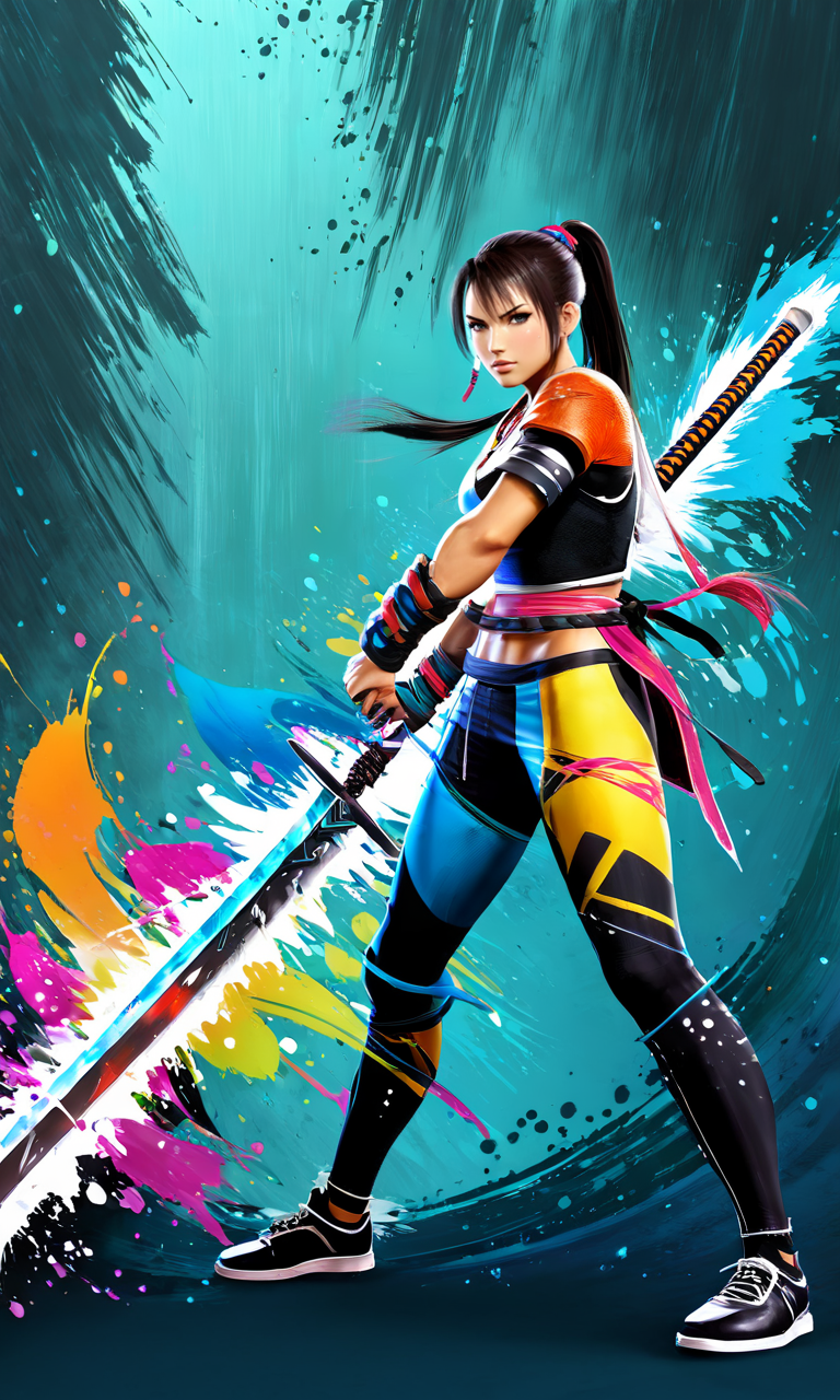 a woman with a giant sword, paintsplashsdxl, <lora:paintsplashsdxl:1>, vibrant color, best quality, masterpiece, buster sword, energy sword, cyber armor, ponytail,