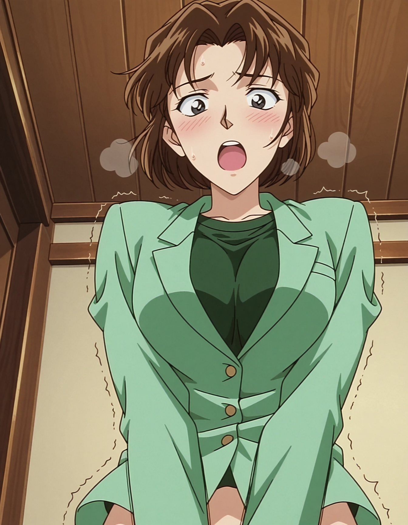 1girl,solo,masterpiece,best quality,anime screencap,1990s \(style\),
<lora:hyuuga_miyuki_conan_v1_IL:0.7>,Hyuuga Miyuki,(meitantei conan:0.6),black eyes,brown hair,short hair,breasts,parted bangs,arched bangs,long sleeves,light green jaket,dark green shirt,fomal,
looking at viewer,upper body,(open mouth:1.3),(out-of-frame censoring:1.2),blush, sweatdrop, indoors,v arms ,half-closed eyes, breath,wind,upper teeth onlyfrom below,clothed sex,shaking,surprised,wide-eyed,:o,  <lora:dmd2_sdxl_4step:1>,