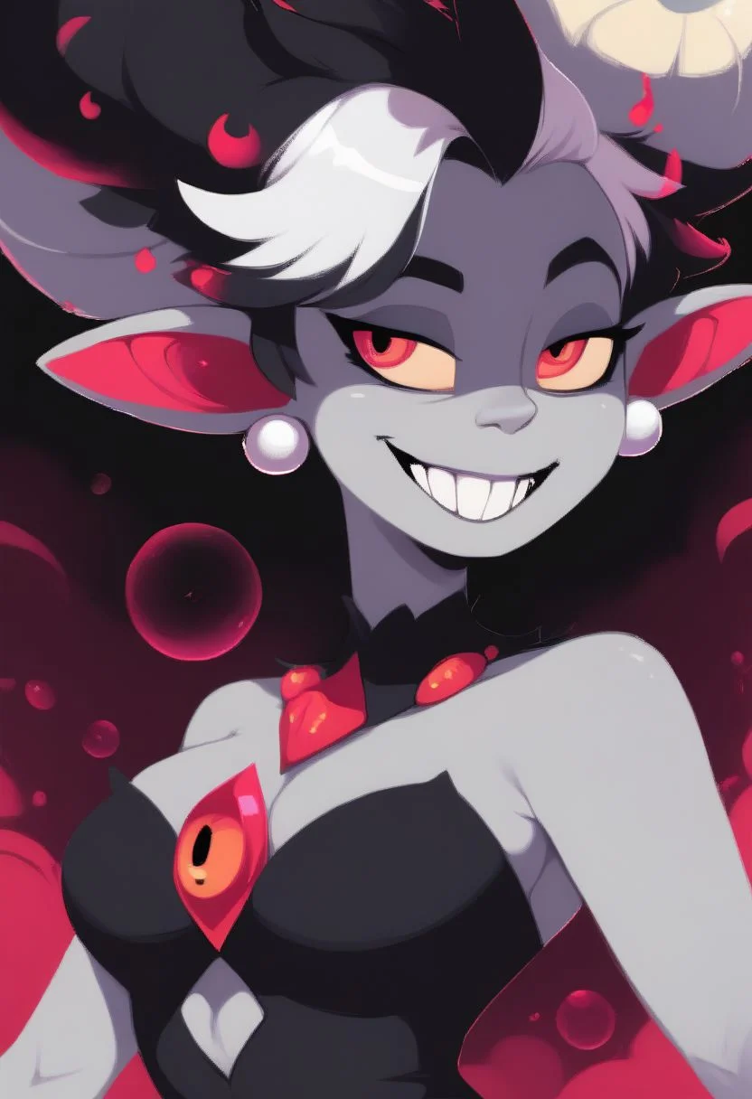score_9,score_8_up,score_7_up, evleyxl, grey skin, short hair, facial mark, pointy ears, bare shoulders, monster, black strapless dress, pearl earrings, evil, smile, teeth, magic pressure, hip sway, horns