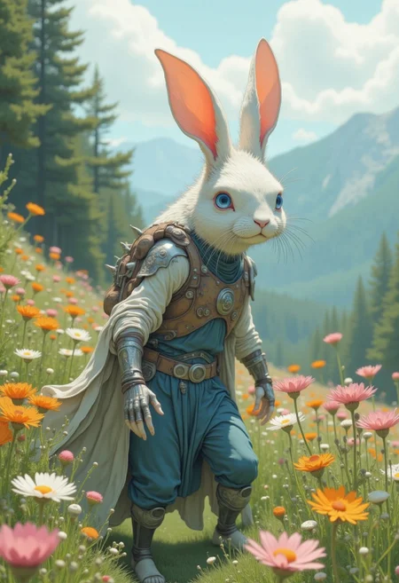 full body portrait close-up of 5e Harengon bunny with white fur, dressed like a viking valkyrie, very detailed, large limpid eyes, chaotic cinematic pastel colors,, rabbit humanoid, walking away from the viewer, looking back over left shoulder, alpine meadow backdrop, deep depth of field, realistic cgi diorama, color depth, dramatic, soft light
