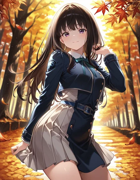 masterpiece, best quality, amazing quality, very aesthetic, absurdres, <lora:spo_sdxl_10ep_4k:0.5>,
cute, (orange colors:1.4), (blurry background:1.2), high saturation,
BREAK
1girl, solo, inoue takina, long hair, black hair, purple eyes,
lycoris uniform, collared shirt, green neck ribbon, two-tone dress, blue dress, grey dress, pleated dress, long sleeves, blue belt,
BREAK
smile, outdoors, depth of field, tree, blurry background, A forest landscape in autumn, covered in vibrant autumn leaves.,
standing, twisted torso, <lora:GBF_Illustrious:1>, gbf_style, <lora:vrchat:1>,