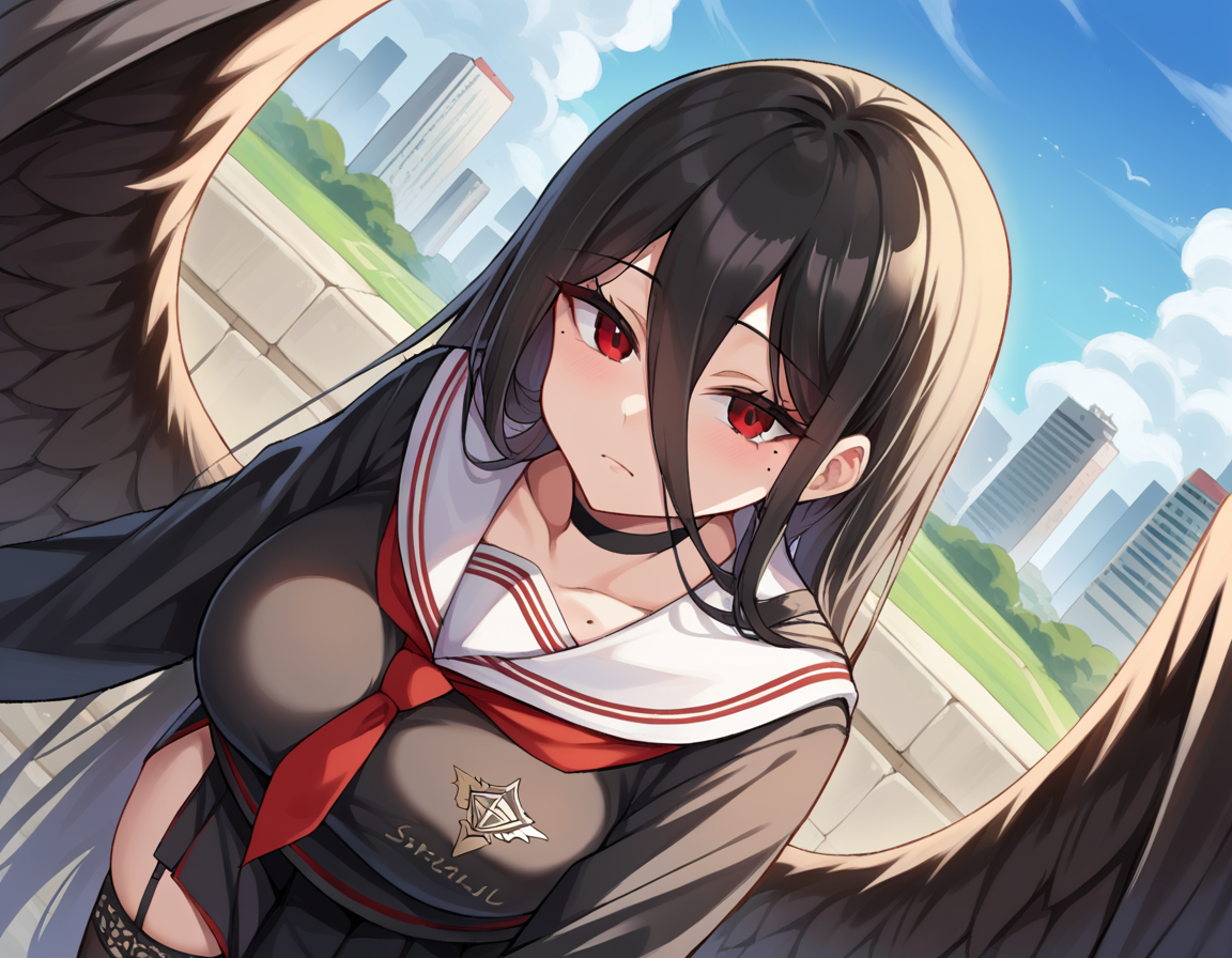 score_9, score_8_up, score_7_up, source_anime,
bluearchivehasumi, <lora:hasumi-hanekawa-ponyxl-lora-nochekaiser:1>,
hasumi, black hair, hair between eyes, long hair, mole, mole on breast, mole under eye, red eyes, wings, black wings, low wings, feathered wings,
black choker, black serafuku, black skirt, black thighhighs, garter straps, long sleeves, pleated skirt, school uniform, serafuku, side slit, skirt, thighhighs, white collar, whie sailor collar,
outdoors, cityscape, bent over,
looking at viewer, dutch angle, cowboy shot,