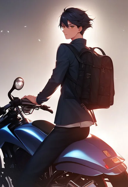 score_9, score_8_up, score_7_up, score_6_up, score_5_up, score_4_up, Gundam_00_Style, (Style: Gundam_00), source_anime, masterpiece, volumetric lighting, vibrant colors, perfectly detailed face and body and eye, 1boy, teenager, solo, black hair, long sidelocks, short hair, brown eyes, high resolution, black jacket, open jacket, school uniform, black trousers, backpack, motorcycle, detailed background, parking lot, cinematic, <lora:add-detail-xl:0.4>, perfect hand, (fantasy-style), (shoujo-style), manhwa-artstyle
