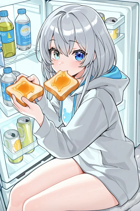 masterpiece, best quality, amazing quality,
<lora:Lango_IL:1> lango, refrigerator, 1girl, food, heterochromia, blue eyes, solo, sitting, food in mouth, looking at viewer, bottle, toast, grey hair, holding, virtual youtuber, hood, mouth hold, can