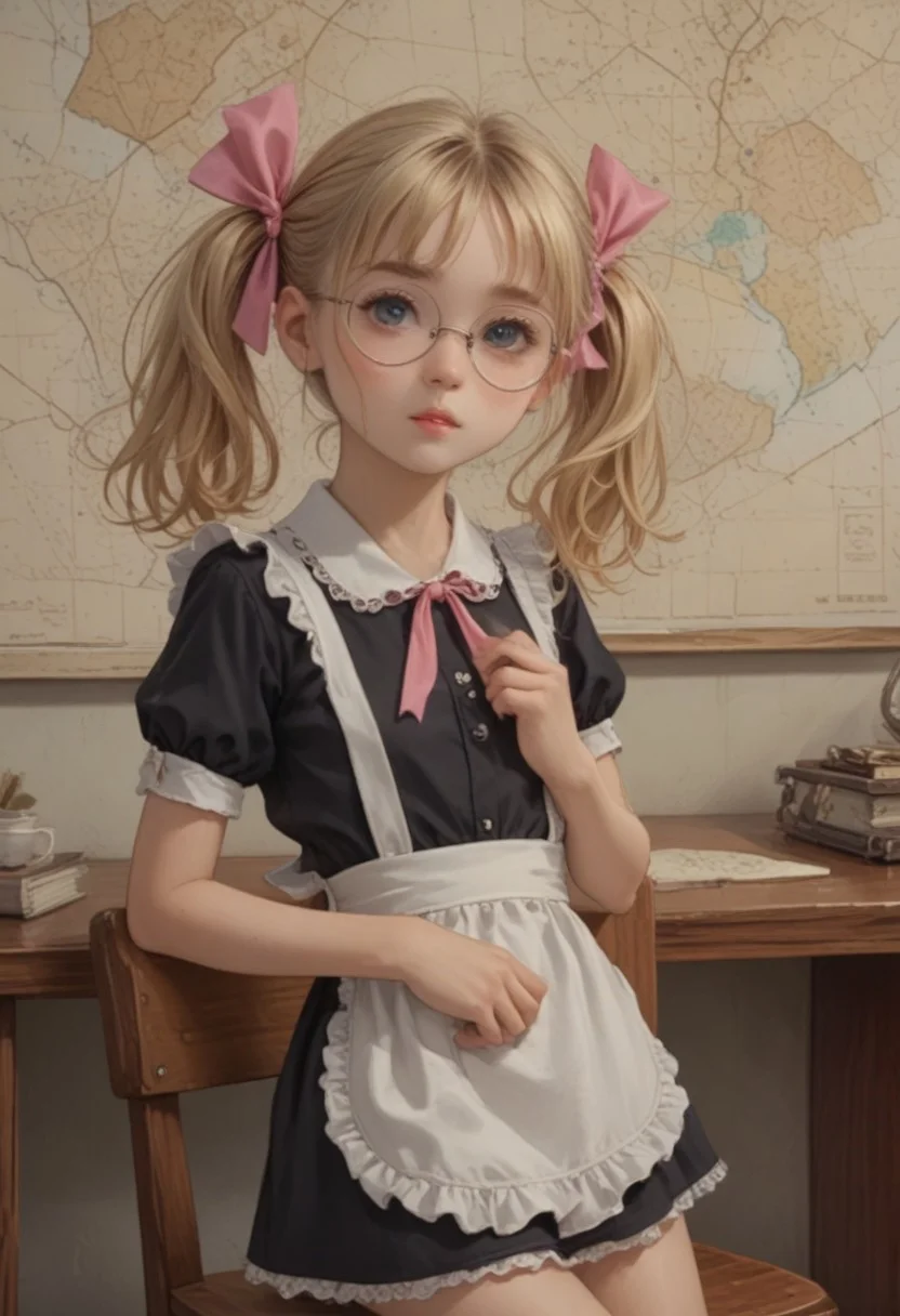 masterpiece,best quality,amazing quality, score_9, score_8_up, score_7_up, ultra sharp, beautiful face
Olya znaykina, blonde hair, twintails with pink bows, round glasses, black short minidress, white apron, shoes with white socks
, cute,
, detailed eyes,
Cowboy shot, view legs,
Desk, chair, map, blackboard,