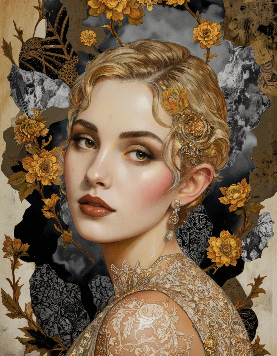 By Joshua Burbank.
A digital illustration shoot from a portrait camera angle about a stylized portrait of a young woman with ethereal features and golden accents. the image also shows intricate patterns and floral motifs. on the middle of the image, a woman appears to be in her early twenties, with light skin, blonde hair, and pointed ears. she is facing the viewer, looking directly at them with a serene expression. her brown eyes are accentuated by gold eyeliner and mascara, and her lips are painted a deep, rich brown. her hair is styled in a way that frames her face, and she has a delicate, ethereal appearance. the background is a collage of abstract shapes and textures, with gold and black elements scattered throughout, creating a moody and dreamy atmosphere. the overall effect is one of ethereal beauty, with the woman's delicate features and intricate patterns adding to the overall aesthetic.
