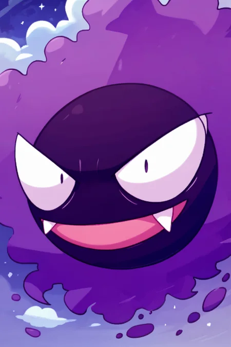 score_9, score_8_up, score_8, no humans,   BREAK, ,  zzGastly, fangs, black eyes, full body, floating, outdoors, :d, night, cloud, purple background <lora:Gastly_Pokemon_PDXL:0.8>, , BREAK, smile, looking at viewer, cowboy shot, ,,, embedding:zPDXL, <lora:DiivesP1:0.8>,
