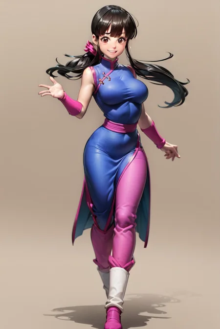 (masterpiece, best quality:1.2), 1girl, solo, chichi, dragonball, smile, long hair, ponytail, black hair, blunt bangs, sidelocks, black eyes, chinese clothes, china dress, large breasts, sleeveless, wristband, pink pants, boots, simple background<lora:CHICHI-11:0.9>