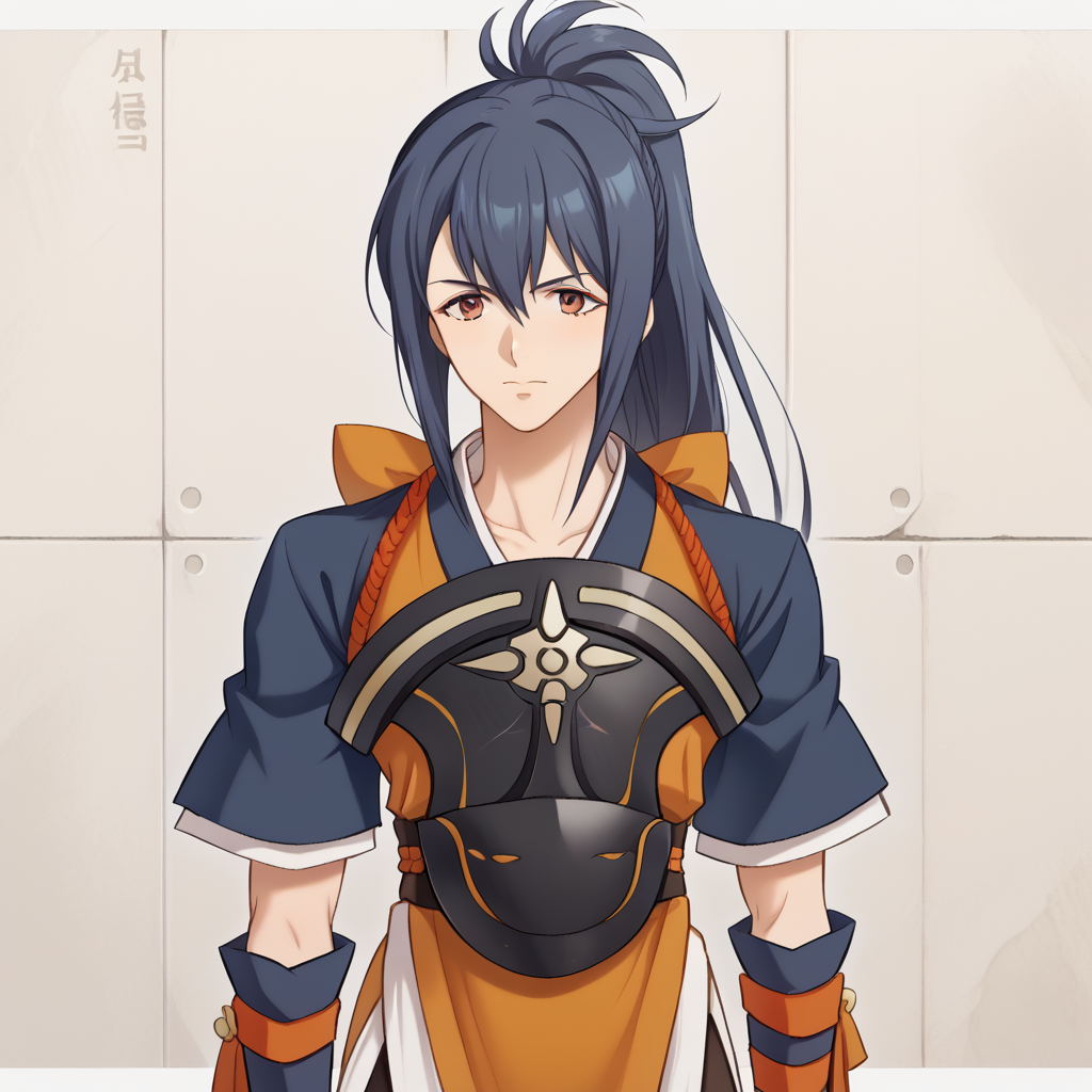 highres, absurdres, solo,oboro, ponytail, armor, Japanese clothes, uchikake,<lora:OboroFire_emblem_PONY:1>, <lora:MayumiHirotaStyleThracia_SDXL-000010:1> MayumiHirotaStyle