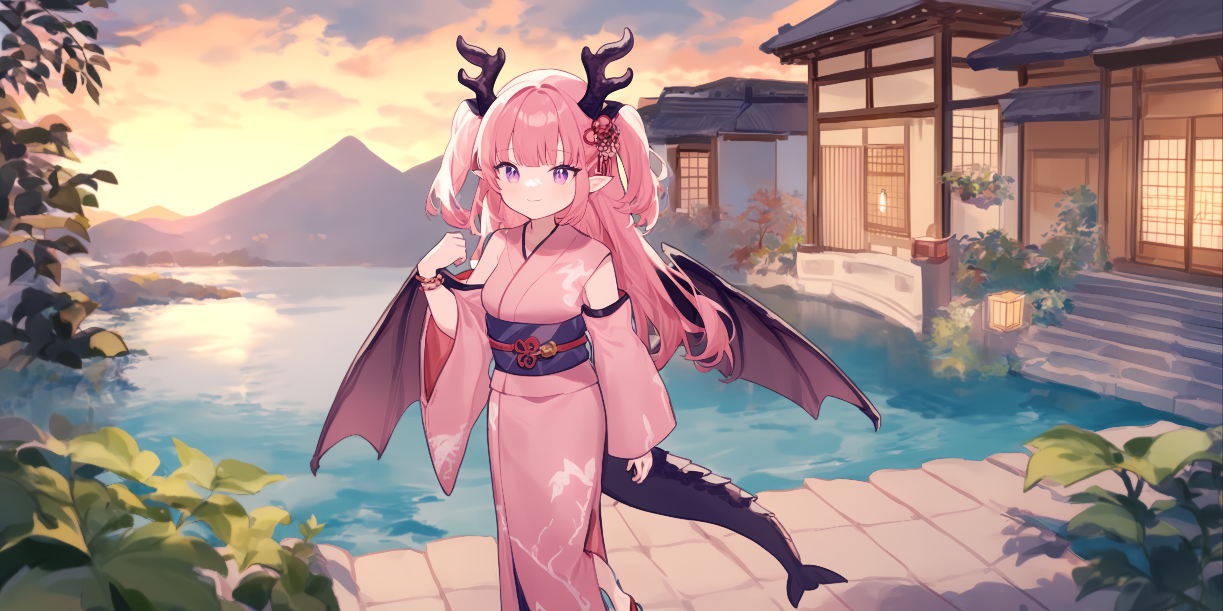1girl, 
ask \(askzy\), torino aqua, migolu, (jiu ye sang:1.1), (rumoon:0.9), (mizumi zumi:1.1), 
solo, 1o1i, dragon wings, tail, horns, solo, antlers, pointy ears, kimono, side slit, long hair, two side up, bangs, sky, house, purple eyes, closed mouth, medium breasts, pink hair, plant, slit pupils, standing, 1o1i, sunset, river, hair ornaments, walking on the street, dragon tail, tail, wings, dragon horns, lantern, cloudy sky, yukata, building, breasts, mountain, jewelry, obi, japanese clothes, outdoors, detached sleeves, cloud, sandals, red footwear, bracelet, sash, wide sleeves, pink kimono, scenery, walking, water, looking at viewer, 
masterpiece, newest, absurdres, safe