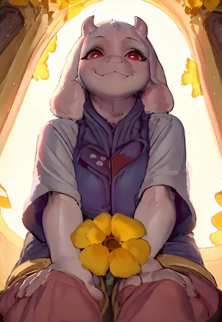 Vivid art style, outline, score_9, score_8_up, score_7_up, source_anime, hi res, masterpiece, extremely detailed, best quality, highres, Lico_PS, very beautiful, cute, toriel, focus on hand, backlighting:1.2, yellow flowers, (white fur), ((fluffy face:0.8)), serene, (((close up:1))), (perfect eyes:1), red eyes, smile, from below, leaning over, lifting arm, hands on knees, out of focus background,