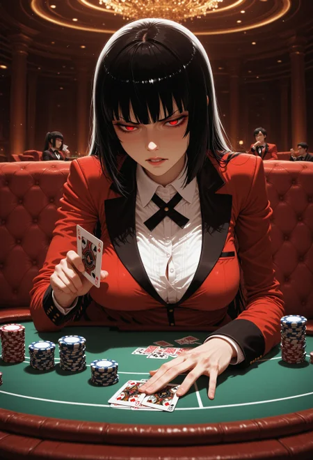 masterpiece,((greasymeta)),jabami_yumeko,kakegurui,1girl.solo,black hair,hyakkaou academy school uniform.red jacked,white colarred shirt,poker table,seating at red sofa,.playing poker,cards on table,revealed cars,.casino,holding cards,upper body,mild annoyance,,displeased,frown,parted lips,unhappy,looking down