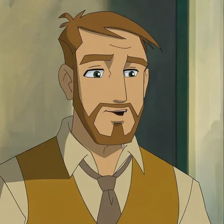 Solo, 1boy, Male focus, Henry Shaw, Brown Hair, Facial Hair, Beard, Green Eyes, Shirt, Vest, Pants, Collared Shirt, Brown Dress Pants, Loafers, Brown Vest, White Shirt, Necktie