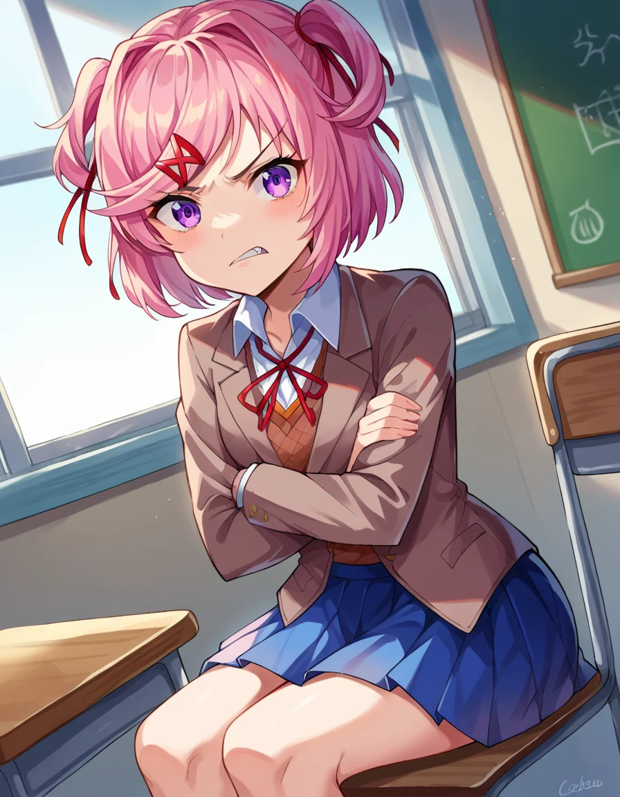 score_9, score_8_up, score_7_up, source_anime,
ddlcnatsuki, <lora:ddlc-natsuki-ponyxl-lora-nochekaiser:1>
ddlcnatsuki, fang, hair ornament, pink hair, purple eyes, short hair, short sidetail, swept bangs, x hair ornament,
blazer, blue skirt, brown jacket, collared shirt, jacket, long sleeves, miniskirt, neck ribbon, pleated skirt, red ribbon, ribbon, school uniform, shirt, skirt, swept bangs, vest, white shirt, wing collar, x hair ornament,
indoors, classroom, sitting, crossed arms, desk, chair, angry, anger vein,
looking at viewer, dutch angle, cowboy shot,