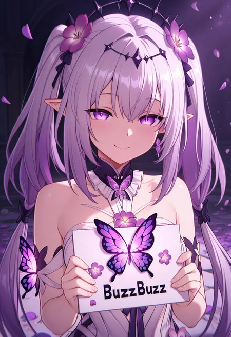masterpiece, best quality, amazing quality, mischievous smile, CastoriceHSR,  purple eyes, pointy ears, twintails, flower, hair flower, butterfly, petals, holding sign of BUZZ BUZZ BUZZ BUZZ