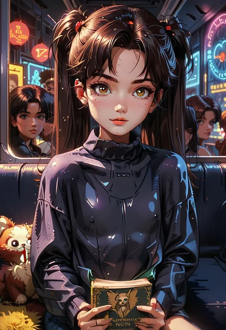 score_9, score_8_up, score_7_up, score_6_up, HRMN, detailed drawing, look at viewer, flat chest, skinny, pov, cute face, round face, (tight fit), sitting on train, read book, hold book in arms, late evening, twin tails haircut, retro, vivid, NEOST, low key, dark theme, neon lights