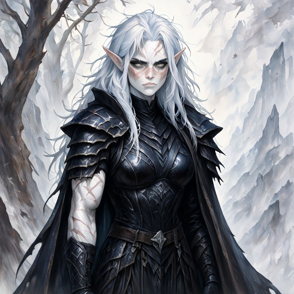  masterpiece, best quality, newest, absurdres, highres, VWCPV1.0, watercolor (medium), 
1girl, pale, white skin, colored skin, pale skin, elf, pointy ears, muscular woman, armor, cape, leather armor, scar, scars on face, white hair, long hair, messy hair, black armor, black leather,