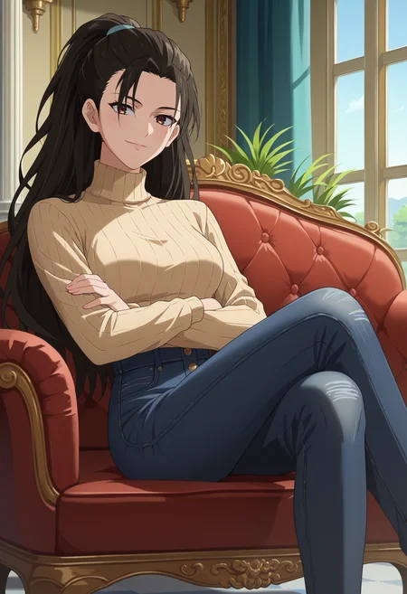 score_9, score_8_up, score_7_up, anime screencap, source_anime, 1girl, solo,
<lora:Aiko_Aihara_Seraph_of_the_End_V1:.85>, KJOaiko, black hair, brown eyes, long hair, ponytail,
high waist jeans, beige turtleneck sweater, long sleeves,
sitting on couch, crossed legs, crossed arms, head tilt, seductive smile,
mansion, pillars, tile floor, red couch,
(Beautiful, medium Breasts:1.2),
