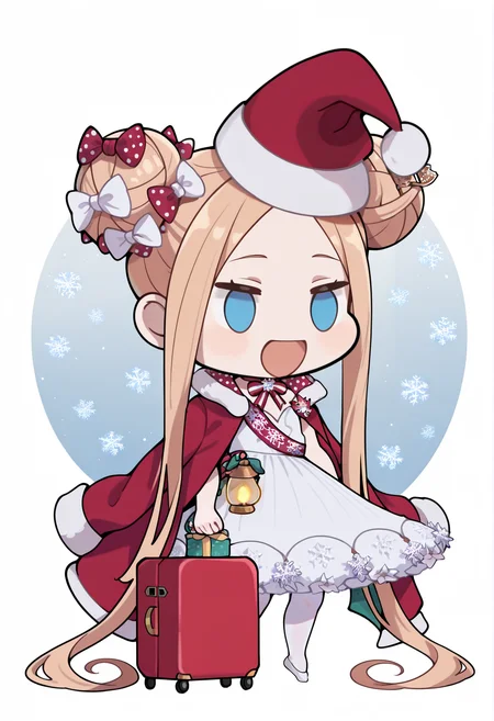 Padorumeme, chibi, rolling suitcase, gift box, <lora:Padoru_IL:1> 1girl, ballerina, absurdly long hair, hair bow, polka dot bow, white bow, red bow, double bun, twintails, blonde hair, blue eyes, parted bangs, forehead, neck ribbon, snowflake brooch, short dress, sash, lantern, tutu, white pantyhose, dress flower, red coat, coat over shoulders, fur trim <lora:Abby_Pretender:0.8> smile, open mouth, santa hat, masterpiece, best quality, amazing quality, very aesthetic, absurdres, highres, newest