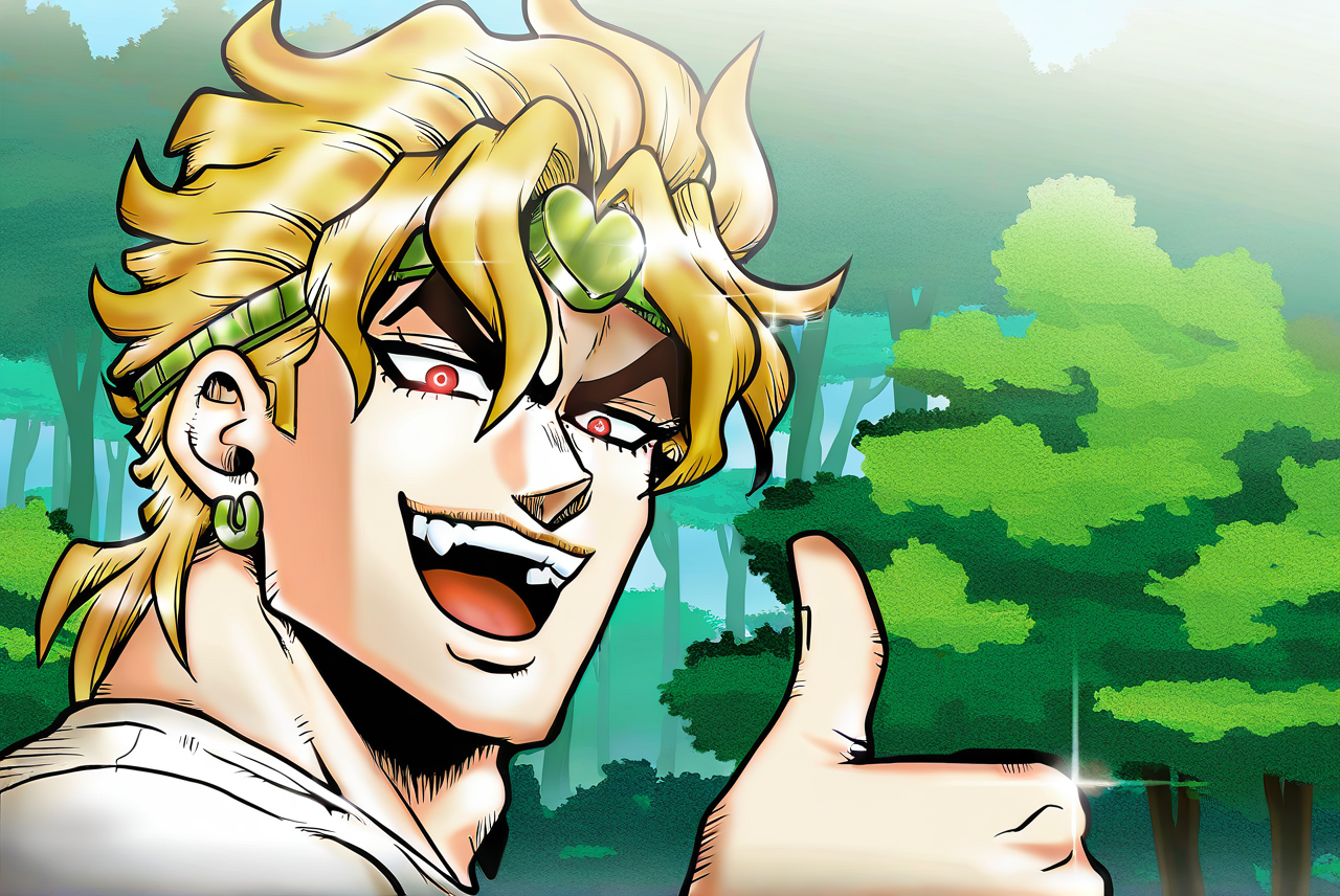 highres, best quality, masterpiece, very aesthetic, newest,DRBStyle, <lora:DigimonReferenceBookIllusV2:0.95>,outdoors,forest,trees,1boy,solo,dio brando,red eyes,blonde hair,open smile,thumbs up,kono dio da \(meme\), white shirt