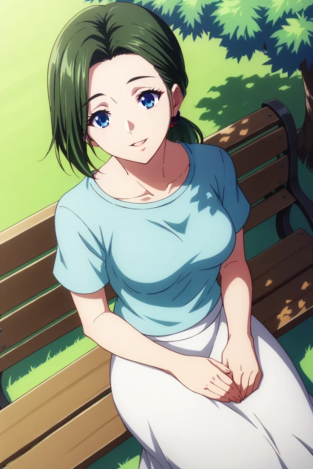 score_9, score_8_up, score_7_up, source_anime, 1girl, prefect lighting, very aesthetic, intricate details, highly detailed background, masterpiece, high quality, prefect hands, best quality, solo,
<lora:Haruhikos_Mother_Musaigen_no_Phantom_World_V1:.85>, dark-green hair, blue eyes, mature female, low ponytail, 
white undershirt, pick shirt open jacket, short sleeves, white skirt,
from above, head tilt, smile, parted lips, sitting on bench, hand on lap,
park, sunny, shade, trees, grass, 
(Beautiful, medium Breasts:1.2), natural breasts,