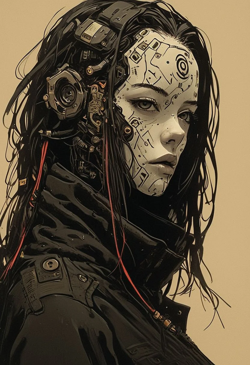 mechanical parts, wires, cables, cyberpunk, closeup portrait of a woman with a half robot face, pastel red/white colored, assassinkahb style, closeup photo of an wired-cyborg assassin with half robot face wearing a black high collar hooded parka with technical macro writing resembling an qr-code//bar-code on the back, solo, woman, high collar parka, upper body,, female focus, long hair in wind, weapon, clothes writing, japanese flag