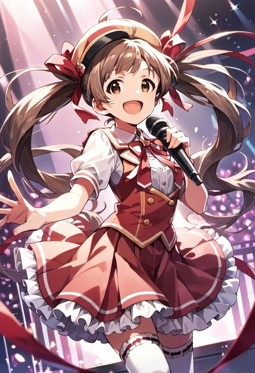 score_9, score_8_up, score_7_up, source_anime, hakozaki serika, brown hair, twintails, brown eyes, long hair, ahoge, 1girl, hat, microphone, smile, open mouth, solo, thighhighs, looking at viewer, ribbon, hair ribbon, :d, skirt