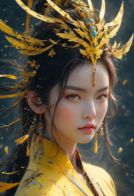 4D render, detaild face, portrait, beautyfull face, girl,blade, one long yellow talisman paper stuck on the forehead