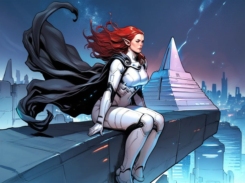 adult woman, mature, white skin, red hair, long hair, curvy, large breasts, pointy ears, blue eyes, black cape, white armor, sitting, roof, skyline background, night, purple pyramid, science fiction, wind, solo, <lora:FrankChoStyleV1:0.8>, score_9, score_8_up, score_7_up