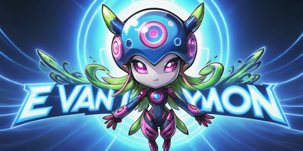 anime poster for "Evanjellymon",("EVAN-JELLYMON":2 text logo:1.5),neon blue,neon green,neon pink,biomechanical,futuristic,mecha, <lora:JellymonXLV2:0.5>, <lora:Harrlogos_v1.1:1.5>