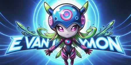 anime poster for "Evanjellymon",("EVAN-JELLYMON":2 text logo:1.5),neon blue,neon green,neon pink,biomechanical,futuristic,mecha, <lora:JellymonXLV2:0.5>, <lora:Harrlogos_v1.1:1.5>
