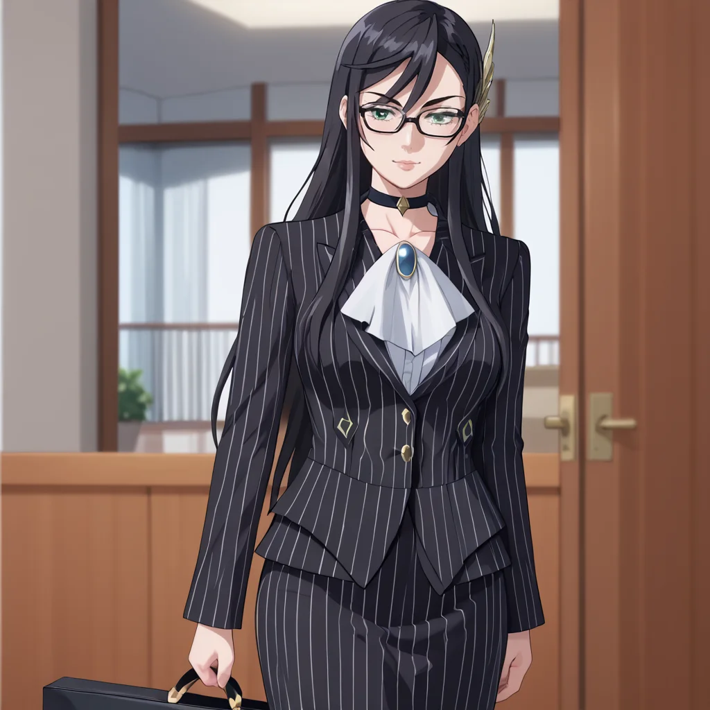 <lora:brunhilderecordofragnarok_pony_v1:.8> Brunhilde, hair ornament, 1girl, solo, black hair,  green eyes, cowboy shot,  <lora:0856 OL professional suit skirt 1_v1_pony:1> ruanyi0856,striped jacket,choker,black pantyhose,striped skirt,glasses,black skirt,pinstripe pattern
